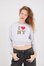 Bej I LOVE NEW YORK Yazılı Şardonlu Crop Sweatshirt