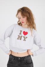 Bej I LOVE NEW YORK Yazılı Şardonlu Crop Sweatshirt