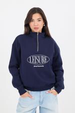 Lacivert LEISURE İşlemeli Şardonlu Dik Yaka Sweatshirt