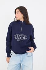 Lacivert LEISURE İşlemeli Şardonlu Dik Yaka Sweatshirt