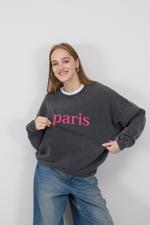 Gri PARIS Yazılı Soluk Efektli Sweatshirt