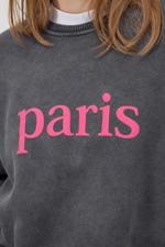 Gri PARIS Yazılı Soluk Efektli Sweatshirt