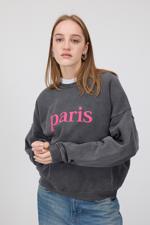 Gri PARIS Yazılı Soluk Efektli Sweatshirt