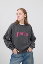 Gri PARIS Yazılı Soluk Efektli Sweatshirt