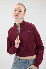 Bordo DO NOT OVERTHINK Yazılı Şardonlu Crop Sweatshirt