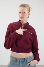 Bordo DO NOT OVERTHINK Yazılı Şardonlu Crop Sweatshirt