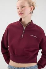 Bordo DO NOT OVERTHINK Yazılı Şardonlu Crop Sweatshirt