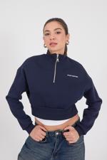 Lacivert DO NOT OVERTHINK Yazılı Şardonlu Crop Sweatshirt