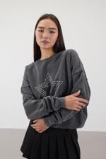 Gri Bisiklet Yaka Yıldıız Desenli Sweatshirt