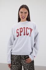 Bej Bisiklet Yaka SPICY Yazılı Şardonlu Sweatshirt