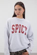 Bej Bisiklet Yaka SPICY Yazılı Şardonlu Sweatshirt