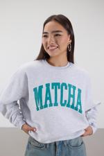 Bej MATCHA Yazılı Şardonlu Sweatshirt