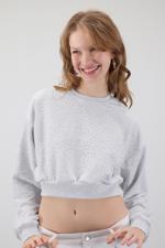 Bej Bisiklet Yaka Taşlı Crop Sweatshirt