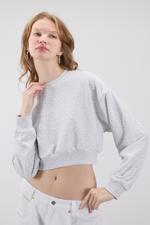 Bej Bisiklet Yaka Taşlı Crop Sweatshirt