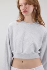 Bej Bisiklet Yaka Taşlı Crop Sweatshirt