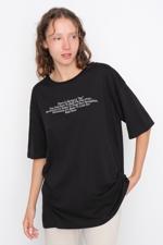 Siyah Bisiklet Yaka Yazı Baskılı Oversize T-shirt