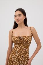 Kahverengi İp Askılı Yakası Bağlamalı Desenli Mini Elbise