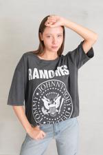 Gri RAMONES Baskılı Oversize T-shirt