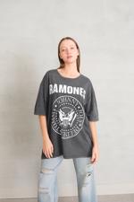 Gri RAMONES Baskılı Oversize T-shirt
