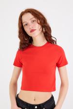 Kırmızı Bisiklet Yaka Basic Crop T-shirt