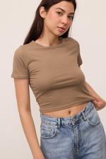 Kahverengi Bisiklet Yaka Basic Crop T-shirt