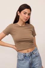 Kahverengi Bisiklet Yaka Basic Crop T-shirt