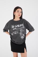 Gri NEW YORK Baskılı Oversize T-shirt