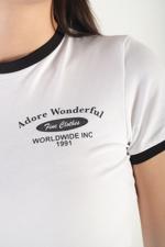 Beyaz Bisiklet Yaka ADORE WONDERFUL Yazılı T-shirt