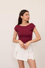 Bordo Sırt Dekolteli Crop Bluz