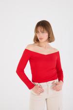 Kırmızı Kayık Yaka Uzun Kollu Modal Bluz