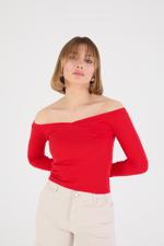 Kırmızı Kayık Yaka Uzun Kollu Modal Bluz