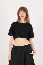 Siyah Bisiklet Yaka Kısa Kollu Basic Crop T-shirt