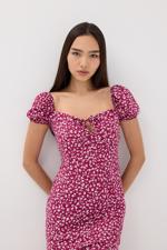 Pembe Yakası Bağcıklı Çiçek Desenli Midi Elbise