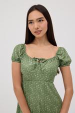 Yeşil Kısa Karpuz Kol Çiçek Desenli Mini Elbise