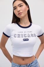Beyaz Land Of Fame CHICAGO Baskılı Crop T-Shirt