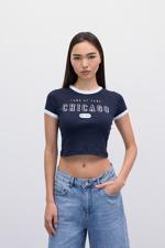 Lacivert Land Of Fame CHICAGO Baskılı Crop T-Shirt