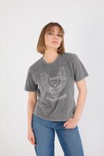 Gri Los Angeles California Baskılı Soluk Efektli T-shirt