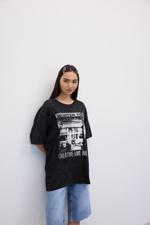 Siyah WINTER TOUR Baskılı Soluk Efektli Oversize T-Shirt