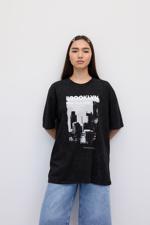Siyah BROOKLYN NEW YORK CİTY Baskılı Oversize T-shirt