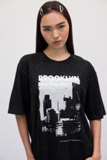 Siyah BROOKLYN NEW YORK CİTY Baskılı Oversize T-shirt