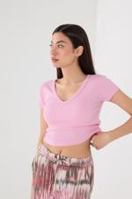 Pembe V Yaka Modal Basic Crop T-shirt