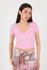 Pembe V Yaka Modal Basic Crop T-shirt