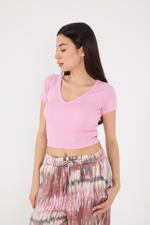 Pembe V Yaka Modal Basic Crop T-shirt