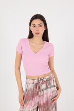 Pembe V Yaka Modal Basic Crop T-shirt