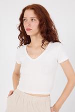 Beyaz V Yaka Modal Basic Crop T-shirt