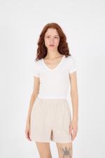 Beyaz V Yaka Modal Basic Crop T-shirt