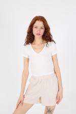 Beyaz V Yaka Modal Basic Crop T-shirt