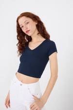 Lacivert V Yaka Modal Basic Crop T-shirt