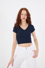 Lacivert V Yaka Modal Basic Crop T-shirt