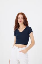 Lacivert V Yaka Modal Basic Crop T-shirt